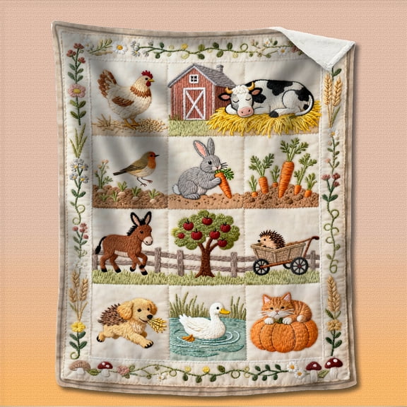 Farm Animal Patchwork Flannel Blanket - Cozy Chicken Cow Sheep Horse Barn Design, Rustic Farmhouse Quilt for Bed Couch All Season