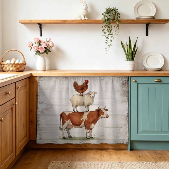 Farm Animal Pattern Cabinet Curtains 11"Wx13"L, Hen Sheep Cow Vintage White Wood Striped Country Under-Desk Privacy Dust Proof Drape Dishwasher Curtain Sink Skirt for Kitchen Closet Bathroom Laundry