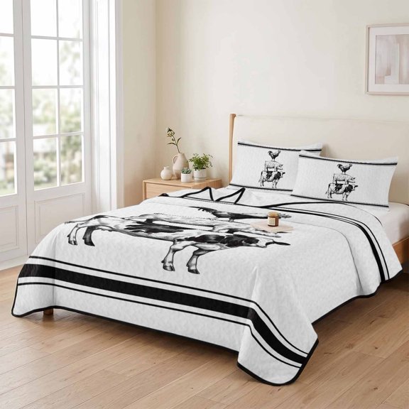 Farm Animal Pattern Rooster Pig Cow 3 Pieces Quilt Set,1 Quilt with 2 Shams,Black and White Sketch Bedspread Soft Lightweight Bedding Coverlet Comforter Set for All Season 90"x96"