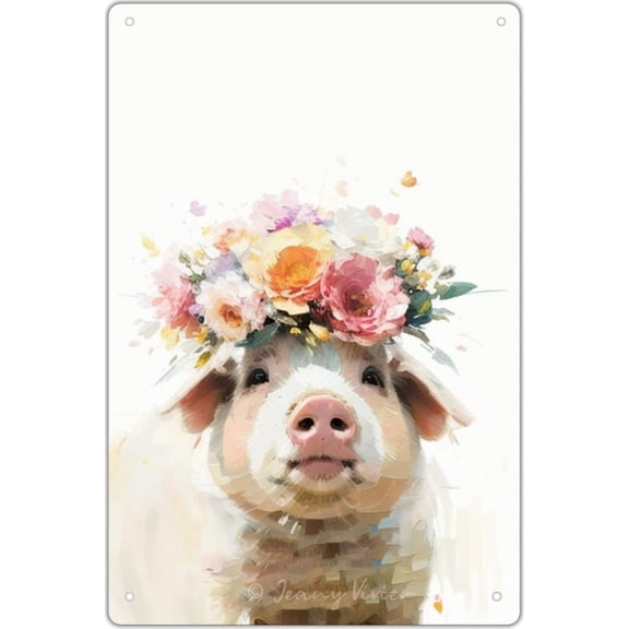 Farm Animal Pictures, Cute Pig Sign, Pink Pig Poster, Wreath Sign With Pigs, Floral Piggies for Girl Bedroom Decor, Pig Themed Gifts For Women, Pig with Floral Crown Sign 12x8 Inches
