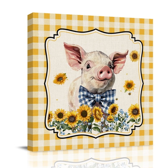Farm Animal Pig Canvas Wall Art for Living Room, Retro Yellow Plaid Sunflower Floral Country Poster Print Painting for Bedroom Office Home Decoration Wall Pictures Prepare To Hang 12"x12"