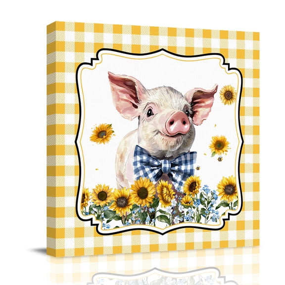 Farm Animal Pig Canvas Wall Art for Living Room, Yellow Plaid Sunflower Floral Country Style Poster Print Painting for Bedroom Office Home Decoration Wall Pictures Prepare To Hang 8"x8"