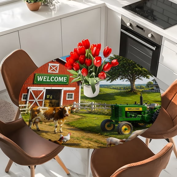 Farm Animal Pig Cow Green Tractor Round Fitted Tablecloth with Elastic Edge,Waterproof Table Cloth Fits 36"-44"Tables,Wipeable Table Cover for Indoor Outdoor Dinning Party,Red Barn Rural Fence