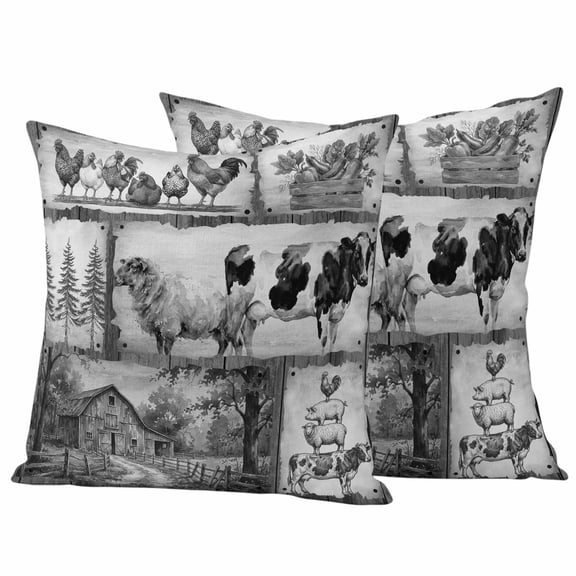 Farm Animal Pillow Covers 2 Pack Grey Chicken Cow Sheep Pig Pine Trees Silhouette Farmhouse Pillowcase Waterproof Outdoor Throw Pillow Cover for Patio Garden Square Cushion 16”x16”