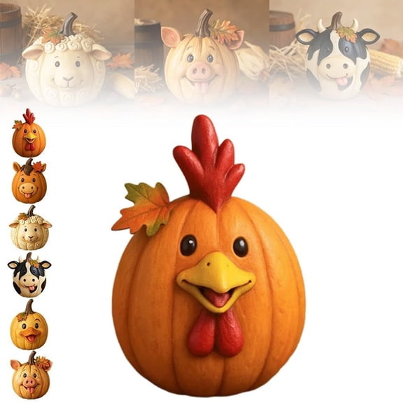 Farm Animal Pumpkin Figurines Set, Resin Cow Duck Sheep Pig Chicken Horse Statues For Halloween Thanksgiving Decor（Chicken）