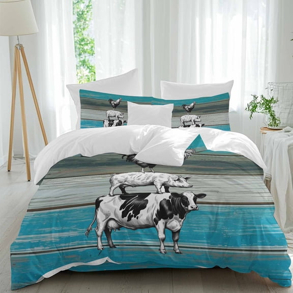 Farm Animal Queen Size Comforter Set, Chicken Pig Cow Farmhouse Blue Wood Grain Bedding for All Seasons, 4 Pcs Bed Set, 1Quiltcover (90"x92") ,1Sheet(94"x116"), 2Pillowcases (30"x20")