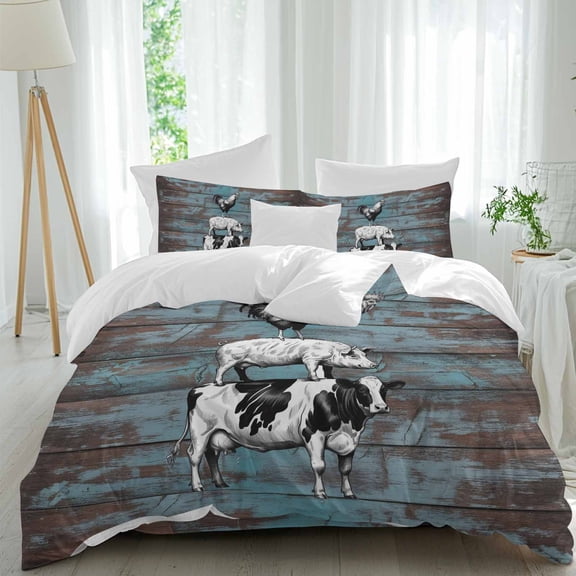 Farm Animal Queen Size Comforter Set, Chicken Pig Cow Farmhouse Teal Wood Grain Bedding for All Seasons, 4 Pcs Bed Set, 1Quiltcover (90"x92") ,1Sheet(94"x116"), 2Pillowcases (30"x20")