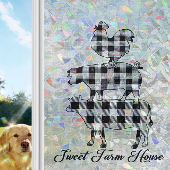 Farm Animal Rainbow Window Privacy Film, Buffalo Plaid Cow Pig Chicken Burlap Background Stained Glass Window Film, Sun Blocking Glass Clings Static Cling Non Adhesive Door Stickers 29.5 x 118 Inches