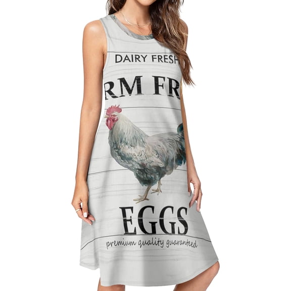 Farm Animal Rooster Rustic Wood Grain Spring Summer Dresses for Women Fashion T-shirt Dress Casual Sleeveless Loose Sundress with Pockets