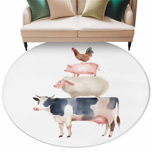 Farm Animal Round Area&nbsp;Rug 5ft Cow Pig Sheep Chicken Non-Slip&nbsp;Washable Circle Rugs Soft Felt Indoor Floor Mat for Bedroom Kitchen Living Room Bathroom