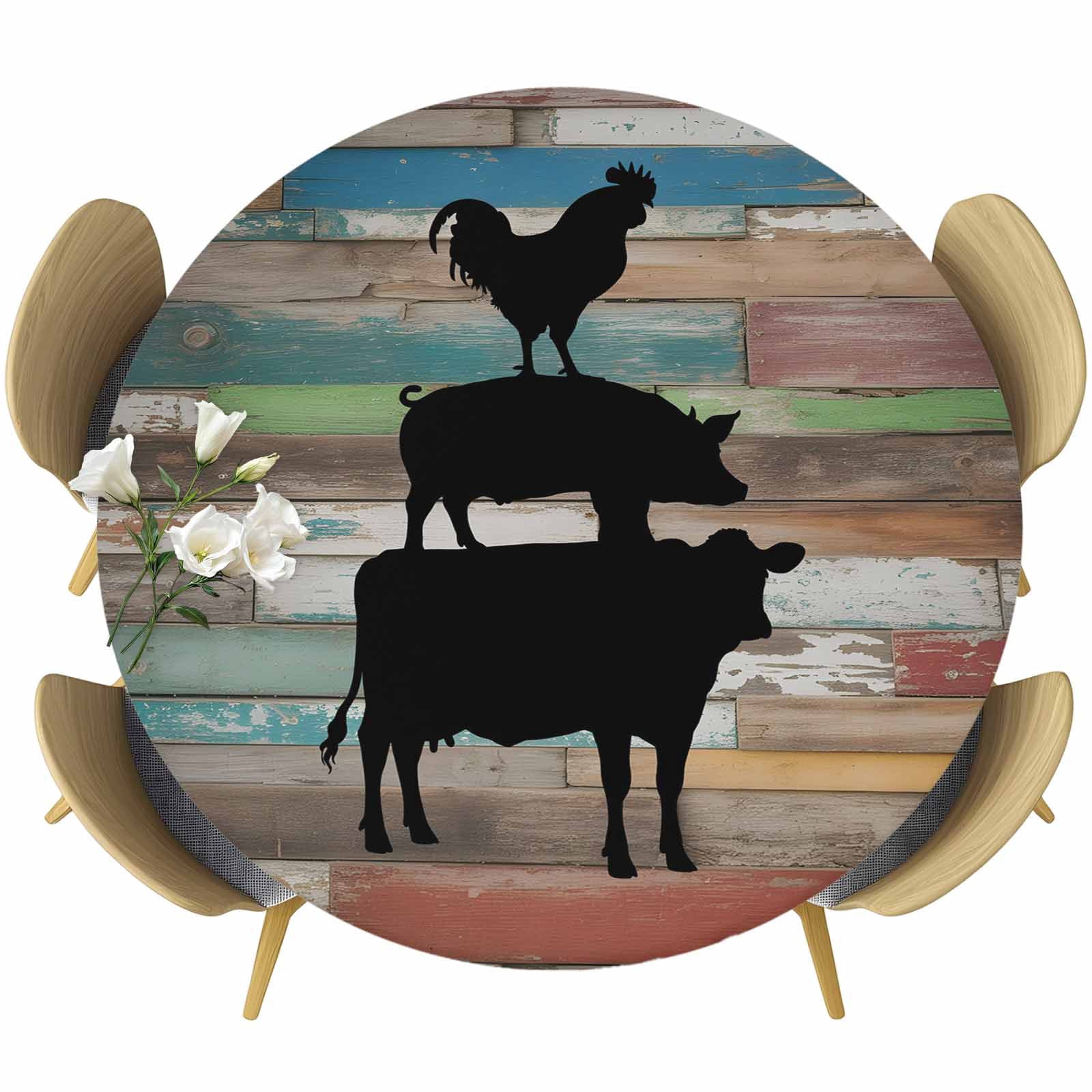 Farm Animal Round Fitted Tablecloth with Elastic Edge, Chicken Pig Cow ...