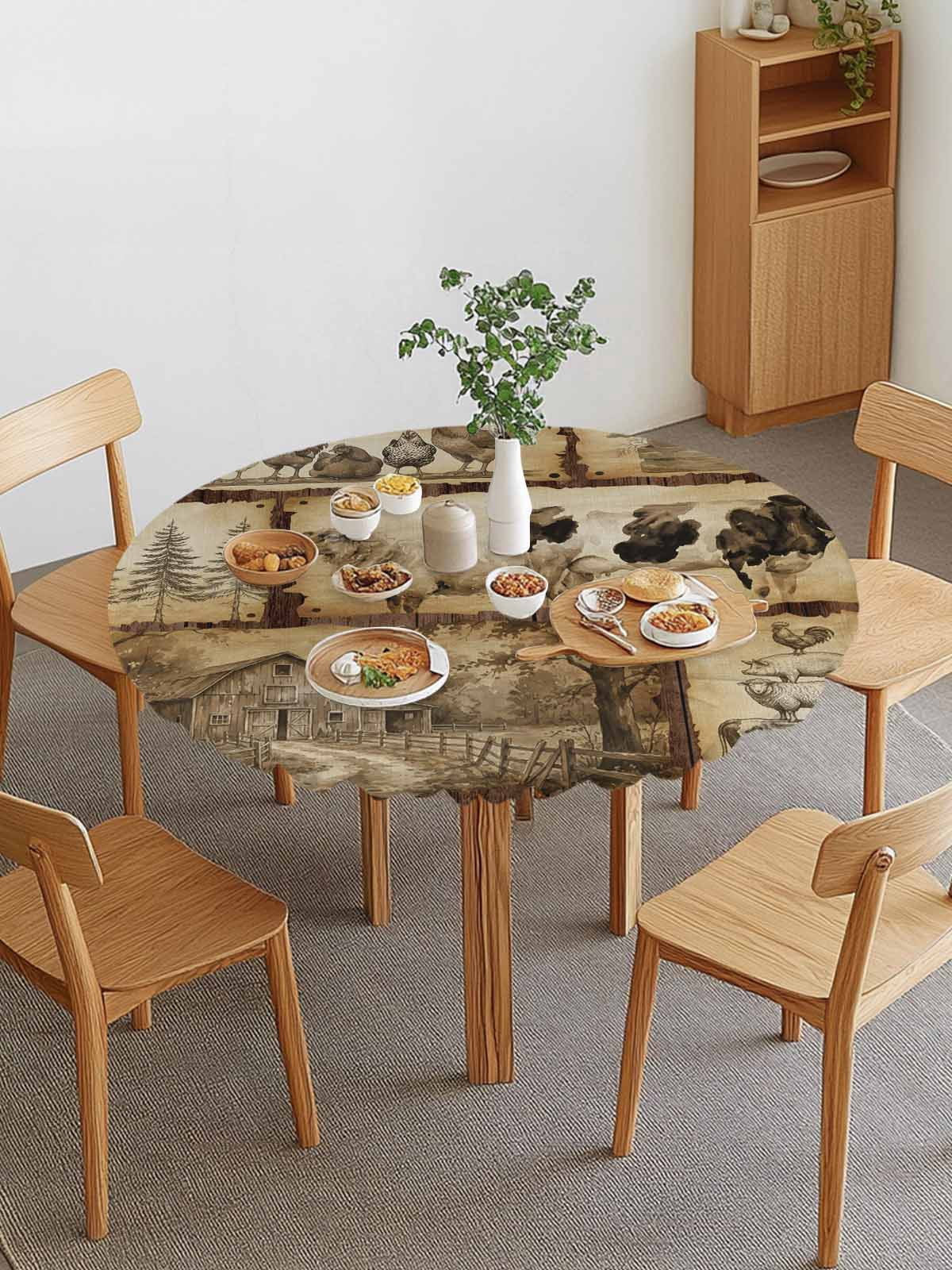 Farm Animal Round Fitted Tablecloth with Elastic Edge, Retro Chicken ...