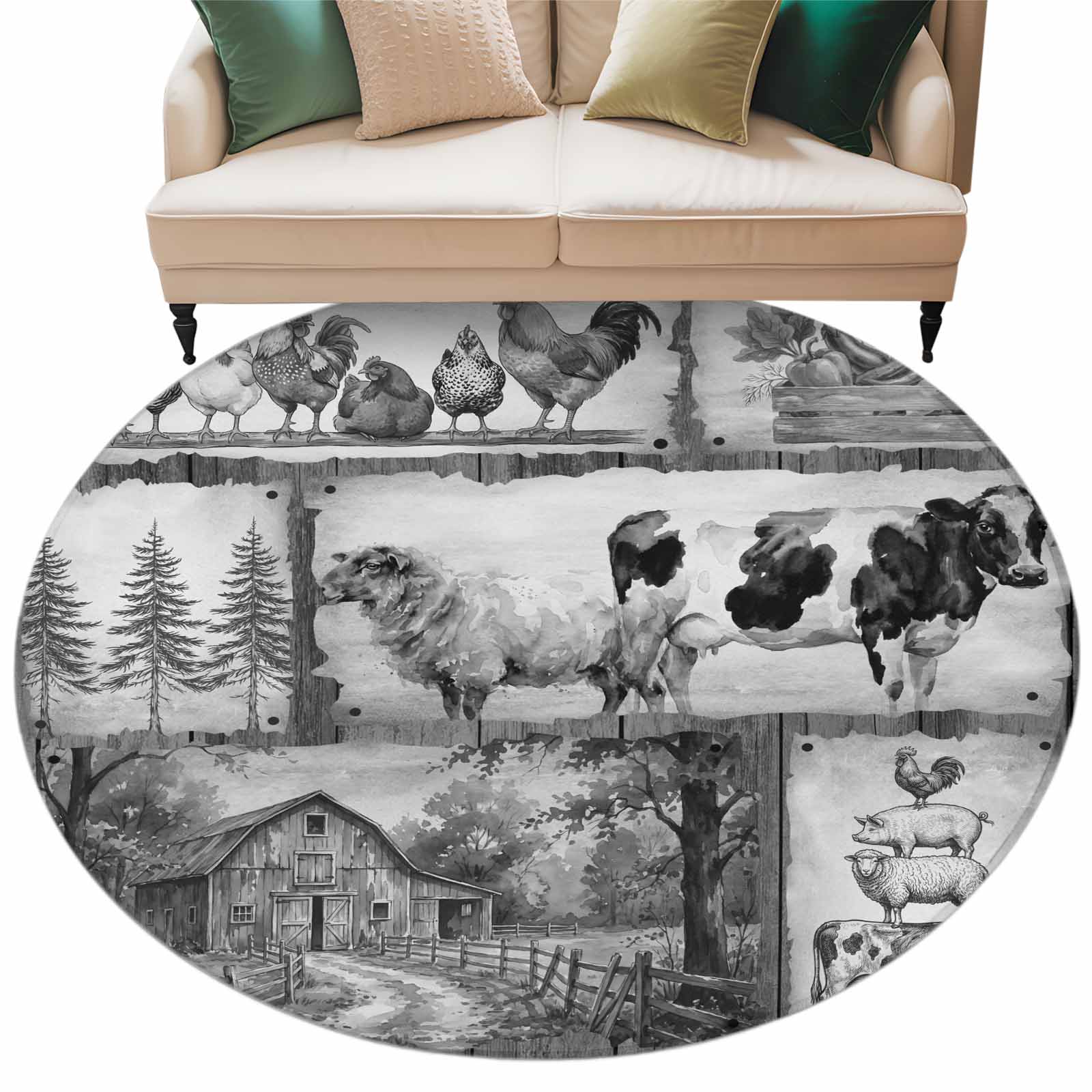 Farm Animal Round Rug 5Ft Grey Chicken Cow Sheep Pig Pine Trees ...