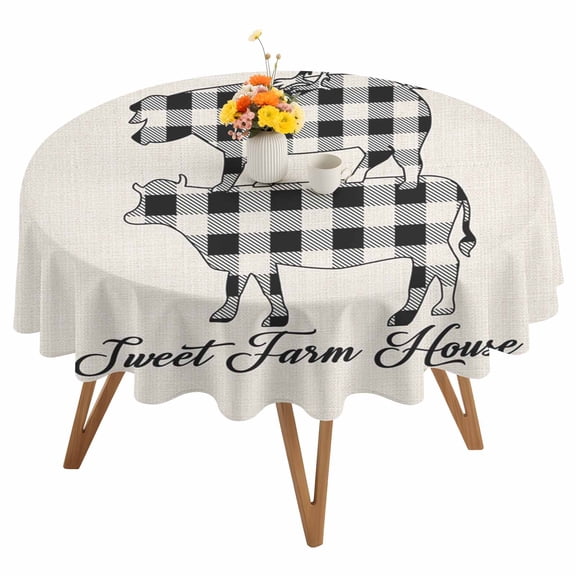 Farm Animal Round Tablecloth 54 inches Buffalo Plaid Cow Pig Chicken Burlap Background Waterproof Oil-Proof Table Cloth Round Table Cover for Holiday Party Picnic Dinner Decor Indoor and Outdoor Use