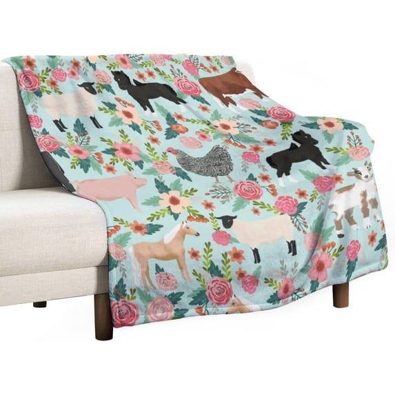 Farm Animal Sanctuary Pig Chicken Cows Horses Sheep Floral Flannel Fleece Throw Blanket Cozy Decorations Air Conditioning Blankets for Couch Sofa Living Room Travel Thanksgiving Gift 30"x40"