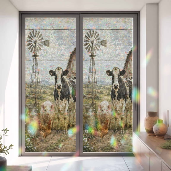 Farm Animal Sheep Cow Pig Window Privacy Film, Rainbow Film Decorative Window Sticker 35.4x78.7in, Retro Duck Chicken Pattern Sun Blocking Static Stained Glass Cling Tint Non-Adhesive