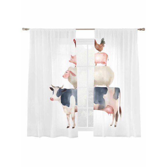 Farm Animal Sheer Curtains 2 Panels Set Cow Pig Sheep Chicken Sheer Window Curtains Light Filtering Rod Pocket Voile Drapes for Bedroom Living Room 52"x63"