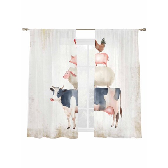 Farm Animal Sheer Curtains 2 Panels Set Cow Pig Sheep Chicken Vintage Sheer Window Curtains Light Filtering Rod Pocket Voile Drapes for Bedroom Living Room 52"x63"