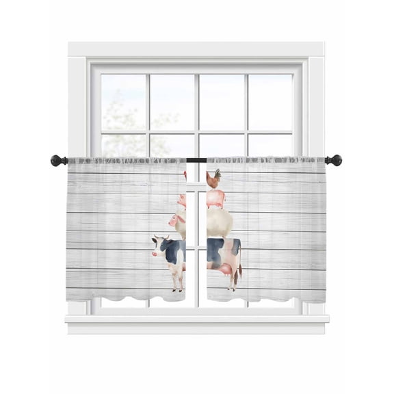 Farm Animal Sheer Curtains 2 Panels Set Cow Pig Sheep Chicken Wood Grain Sheer Window Curtains Light Filtering Rod Pocket Voile Drapes for Bedroom Living Room 52"x45"