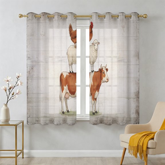 Farm Animal Sheer Curtains 39 Inch Long 2 Panels, Hen Sheep Cow Vintage White Wood Striped Country Light Filtering Semi Sheer Drapes Grommet Voile Window Curtain for Living Bedroom W27.9 x L39