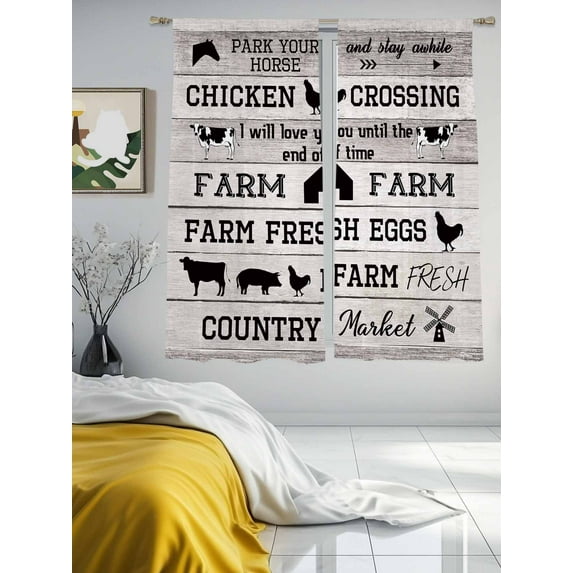 Farm Animal Sheer Curtains 63 inches Long 2 Panels Set Cattle Pig Chicken Retro Wood Texture Tiers Sheers Rod Pocket Small Window Short Curtain for Kitchen Cafe, Each 52" W x 63" L