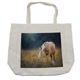 thumbnail image 1 of Farm Animal Shopping Bag, Blurry Backdrop Photo of Palomino Horse Grazing at Sunrise Pasture, Eco-Friendly Reusable Bag for Groceries Beach and More, 15.5" X 14.5", Cream, by Ambesonne, 1 of 2