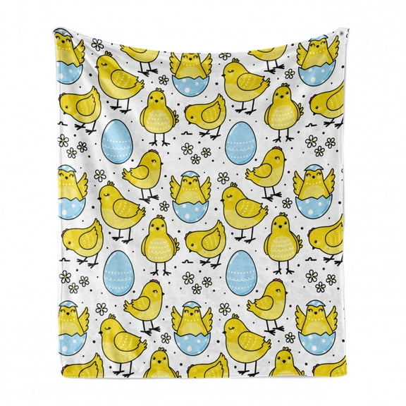 Farm Animal Soft Flannel Fleece Blanket, Baby Chick and Cracked Easter Egg with Daisy Motifs and Small Dots, Cozy Plush for Indoor and Outdoor Use, 50" x 70", Yellow Baby Blue White, by Ambesonne
