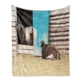 thumbnail image 1 of Farm Animal Soft Flannel Fleece Throw Blanket, Agriculture Photo with Sheep in Rustic Wooden Cottage with Painted Door, Cozy Plush for Indoor and Outdoor Use, 60" x 80", Multicolor, by Ambesonne, 1 of 5