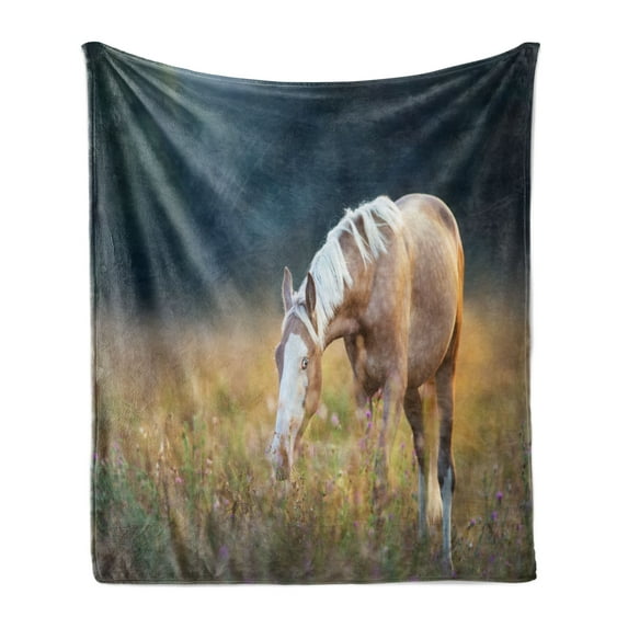 Farm Animal Soft Flannel Fleece Throw Blanket, Blurry Backdrop Photo of Palomino Horse Grazing at Sunrise Pasture, Cozy Plush for Indoor and Outdoor Use, 70" x 90", Multicolor, by Ambesonne