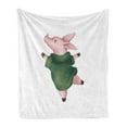 thumbnail image 1 of Farm Animal Soft Flannel Fleece Throw Blanket, Childish Image of Drawn Dancing Pig in Warm Sweater, Cozy Plush for Indoor and Outdoor Use, 60" x 80", Rose Reseda Green White, by Ambesonne, 1 of 5