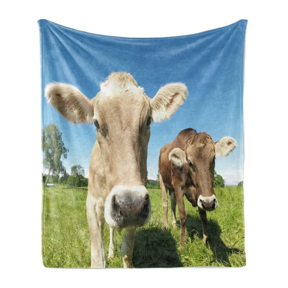 Farm Animal Soft Flannel Fleece Throw Blanket, Close up Photo of Cows at Meadow in a with Open Sky, Cozy Plush for Indoor and Outdoor Use, 60" x 80", Apple Green Tan, by Ambesonne