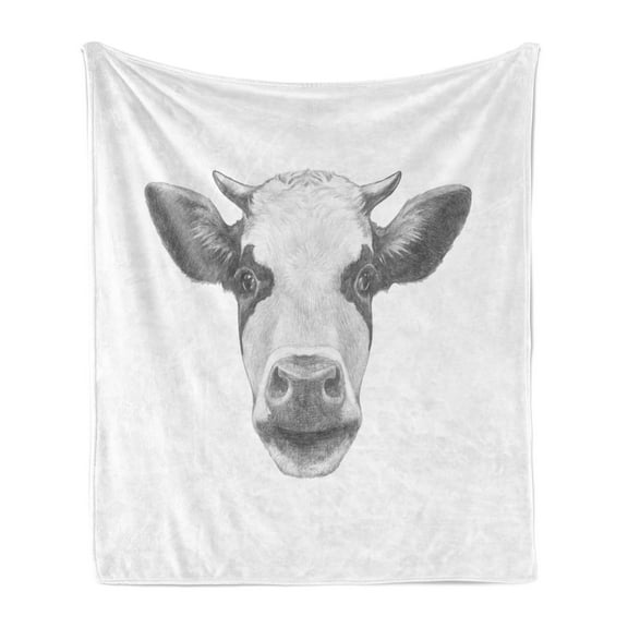 Farm Animal Soft Flannel Fleece Throw Blanket, Detailed Hand Drawn Sketch Portrait of Cow with Horns Image, Cozy Plush for Indoor and Outdoor Use, 50" x 60", Dark Grey Pale Grey, by Ambesonne