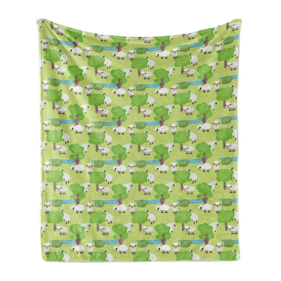 Farm Animal Soft Flannel Fleece Throw Blanket, Nursery Cartoon with Sad Sheep in Forest with Trees and Pond, Cozy Plush for Indoor and Outdoor Use, 70" x 90", Pale Green Multicolor, by Ambesonne