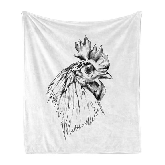 Farm Animal Soft Flannel Fleece Throw Blanket, Sketch of Simplistic Drawn Rooster Head Portrait Print, Cozy Plush for Indoor and Outdoor Use, 50" x 70", Charcoal Grey and White, by Ambesonne