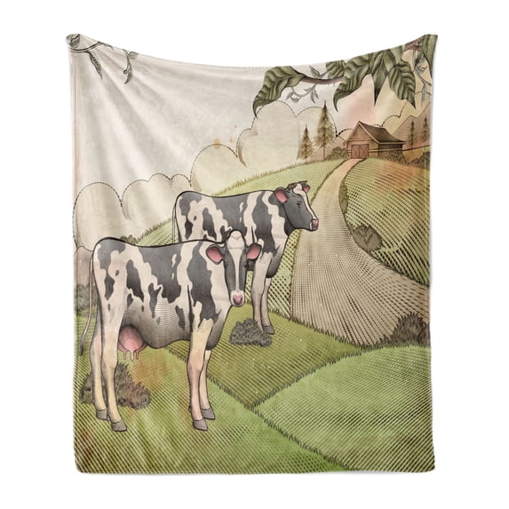 Farm Animal Soft Flannel Fleece Throw Blanket, Vintage Agriculture Illustration of Dairy Cows at Countryside Livestock, Cozy Plush for Indoor and Outdoor Use, 50" x 60", Multicolor, by Ambesonne
