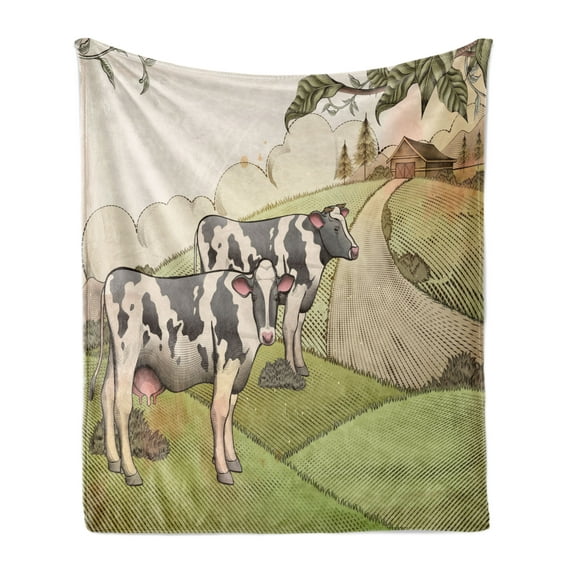 Farm Animal Soft Flannel Fleece Throw Blanket, Vintage Agriculture Illustration of Dairy Cows at Countryside Livestock, Cozy Plush for Indoor and Outdoor Use, 50" x 70", Multicolor, by Ambesonne