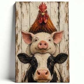 Farm Animal Stack Canvas Wall Art, Rustic Cow Pig Rooster Decor, Textured Farmhouse Artwork for Kitchen, Ready to Hang Multiple Sizes