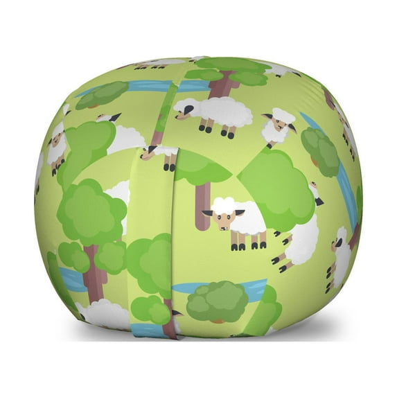 Farm Animal Storage Toy Bag Chair, Cartoon with Sad Sheep in Forest with Trees and Pond, Stuffed Animal Organizer Washable Bag, Large Size, Pale Green Multicolor, by Ambesonne