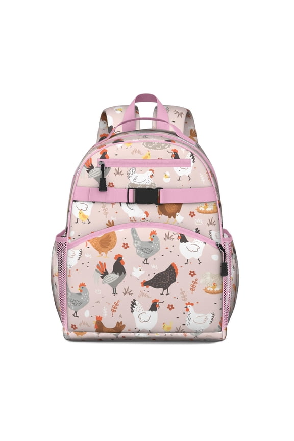 Farm Animal Students Backpack Retro Chicken and Eggs Pattern with Hand-Drawn Wildflowers and Rustic Aesthetic