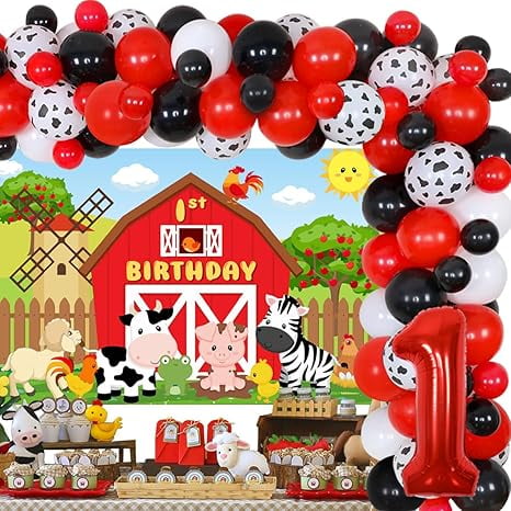 Farm Animal Theme 1st Birthday Decorations for Boy Farm Animals Balloon Garland Birthday Decorations Farm Happy Bday Backdrop for Barnyard Farm Bday