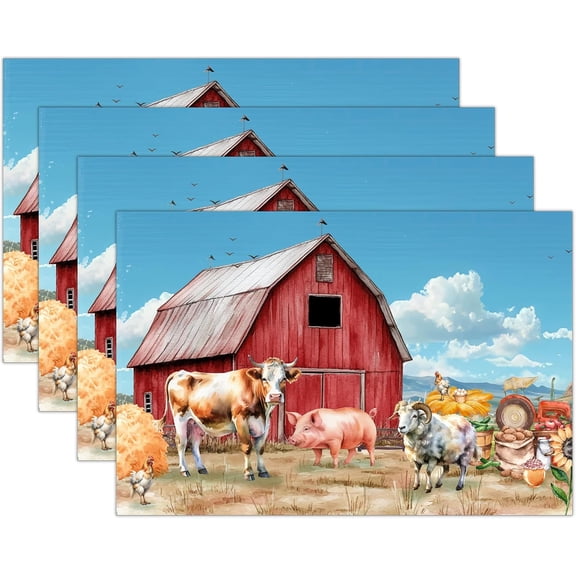 Farm Animal Theme Place Mats Set of 4, Barnyard Home Decor, Farmhouse Non-Slip Washable Reusable Table Mats for Indoor Outdoor Kitchen Dining Table Home Decorations 12 x 18 Inches