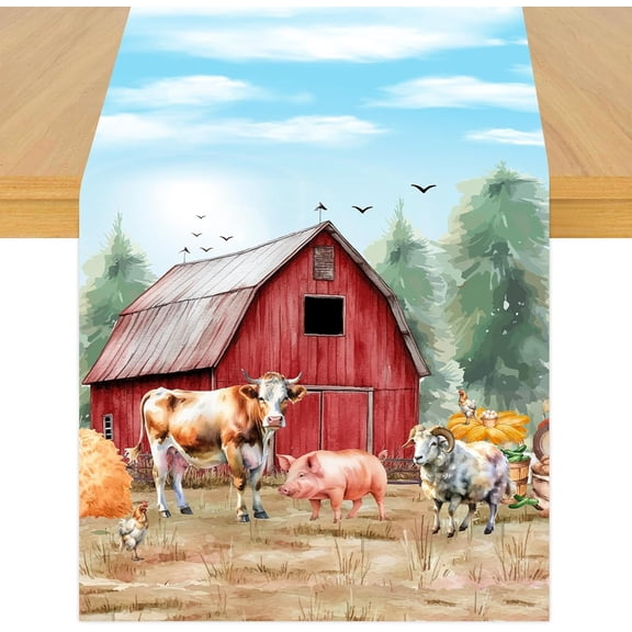 Farm Animal Theme Table Runner, Barnyard Theme Linen Fabric Table Runner for Everyday Use 72 x 13 Inches, Washable Table Cover for Indoor Outdoor Kitchen Dining Table Decor