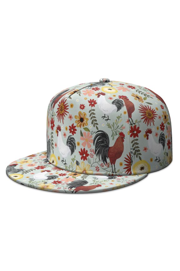 Farm Animal Themed Flat Visor Snapback Cap - Rustic Egg & Rooster Design Unisex Adjustable Hip Hop Hat