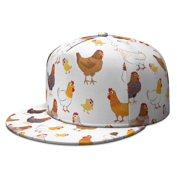 Farm Animal Themed Flat Visor Snapback Cap - Rustic Egg & Rooster Design Unisex Adjustable Hip Hop Hat
