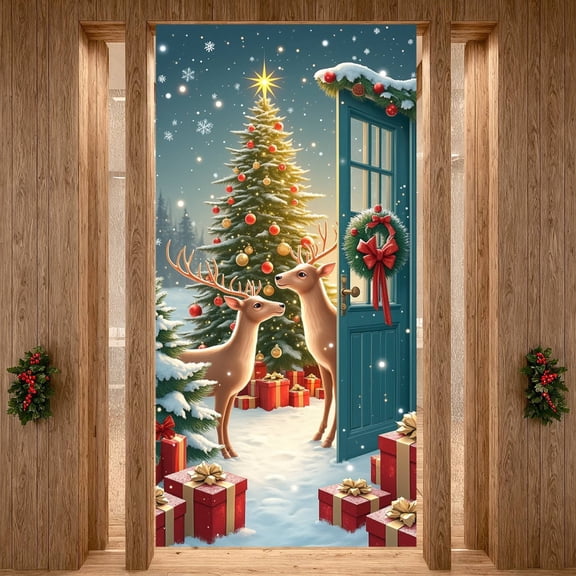 Farm Animal Themed Merry Christmas Banner Red Barn Design Christmas Display Snowflake Pattern Santa Hat Decor Farm Animal Backdrop for Christmas Party Holiday Celebration Indoor Decoration