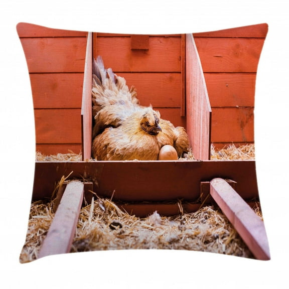 Farm Animal Throw Pillow Cushion Cover, Husbandry Photo with Laying Hen Incubating inside Cage and Eggs, Decorative Square Accent Pillow Case, 24" X 24", Burnt Sienna Blush Almond, by Ambesonne
