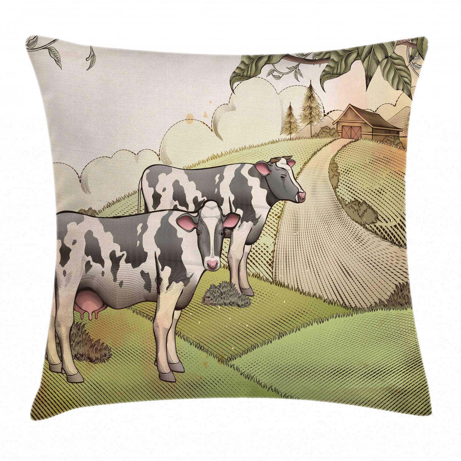 thumbnail image 1 of Farm Animal Throw Pillow Cushion Cover, Vintage Agriculture Illustration of Dairy Cows at Countryside Livestock, Decorative Square Accent Pillow Case, 16" X 16", Multicolor, by Ambesonne, 1 of 2