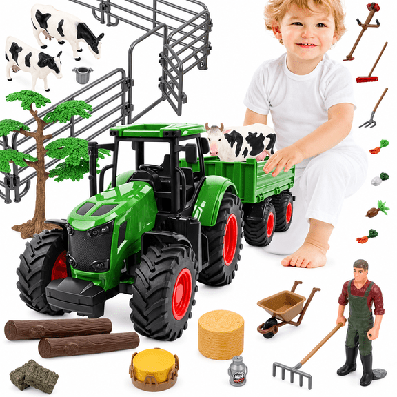 Farm Animal Tractor Toys Playset-16.5 Inches Tractor with Trailer Fence,Farmer,Tree,Cow,Farm Toy Set for Boys Girls Kids Toddlers Age 3-7 Years Old