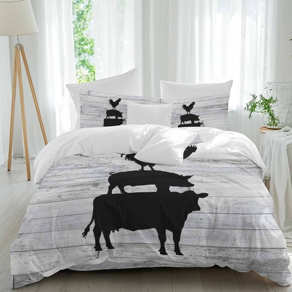Farm Animal Twin Size Comforter Set, Chicken Pig Cow Farmhouse Gray Wood Grain Bedding for All Seasons, 4 Pcs Bed Set, 1 Quiltcover (68"x86") ,1Sheet(67"x116"), 2Pillowcases (30"x20")