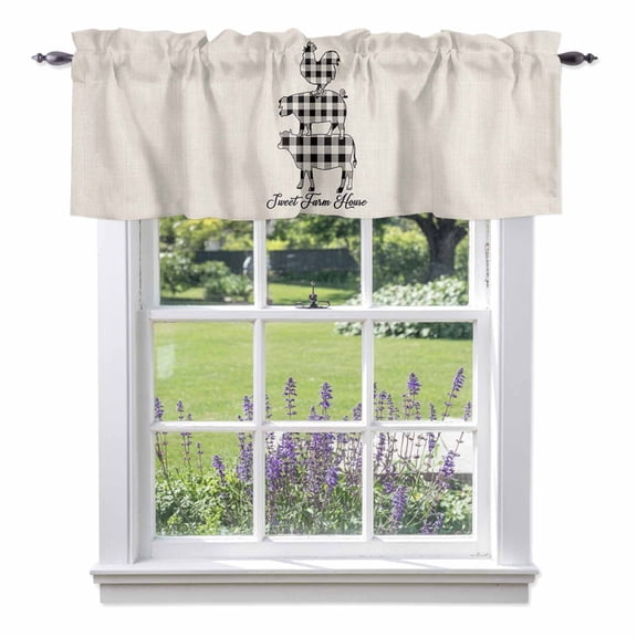 Farm Animal Valance Curtain Buffalo Plaid Cow Pig Chicken Burlap Background Window Valances Rod Pocket Short Curtains Window Treatments for Kitchen Bedroom Bathroom Laundry 60" x 18"